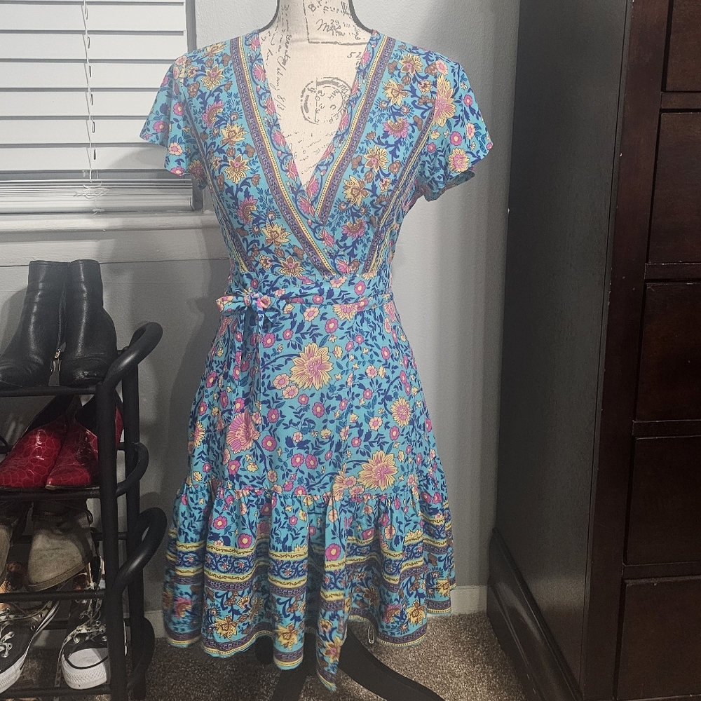 Floral Wrap Dress in Blue and Pink